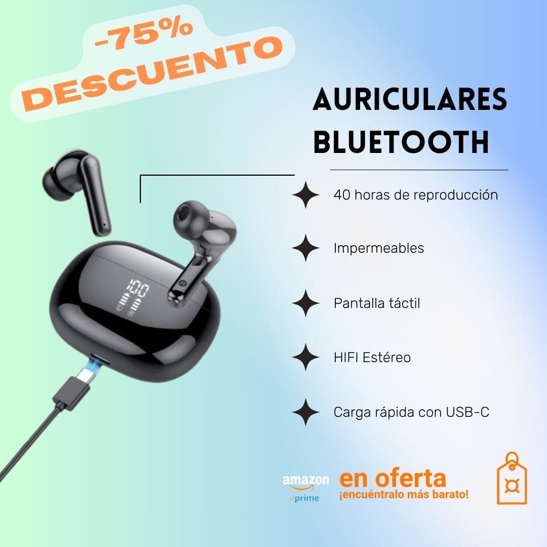 Auriculares Inalámbricos Bluetooth 5.3 HiFi Estéreo, con Pantalla LED, Control Táctil, Impermeable, Carga rápida USB-C, Reproducción de 40Horas [Clase de eficiencia energética A+++]